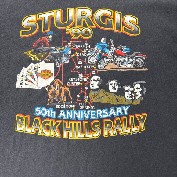 VTG Harley Davidson Sturgis 1990 50th Anniversary T Shirt Faded Black Large PA - Picture 2 of 7